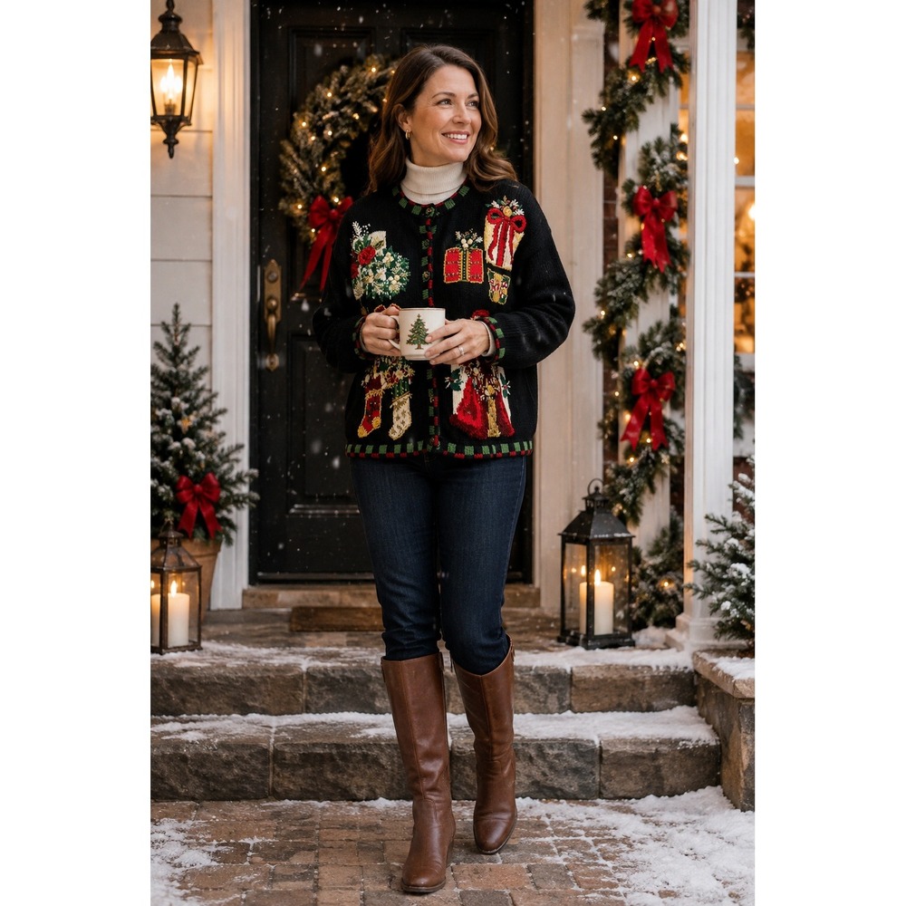 Heirloom Collectibles Christmas Cardigan Sweater Santa Stockings Black Petite L